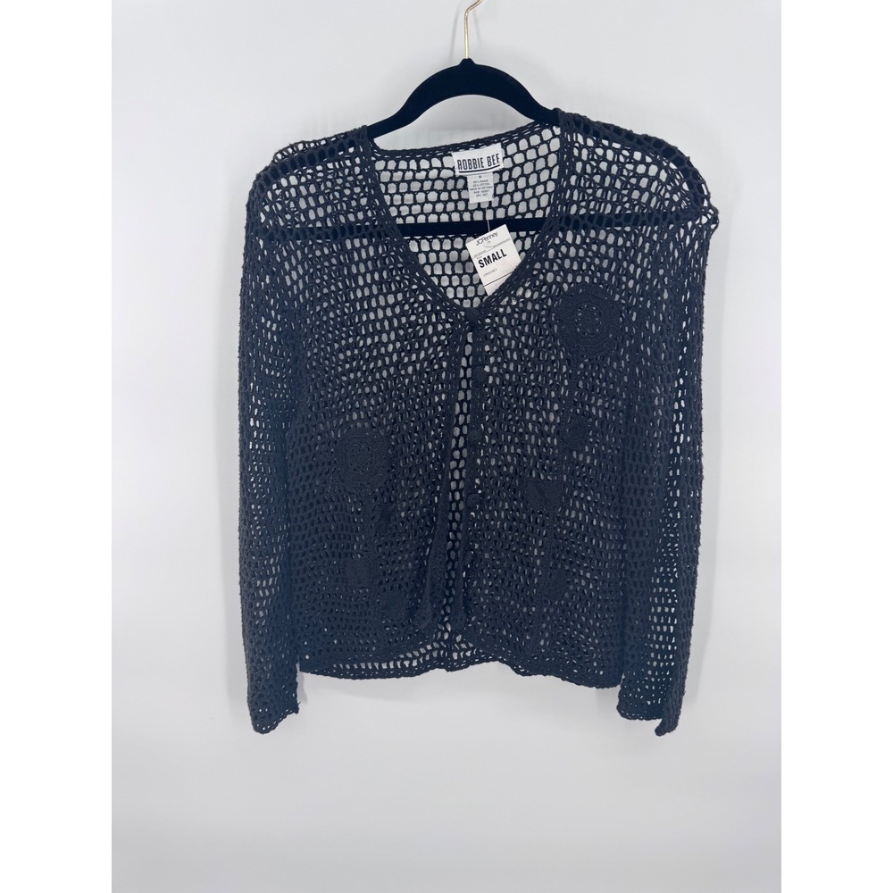 Vintage Cardigan Black Crochet Floral Applique Open Mesh V-Neck Boho Festival  S